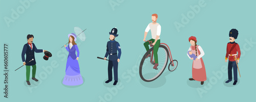 3D Isometric Flat Vector Set of British People Set, Victorian Era Persons