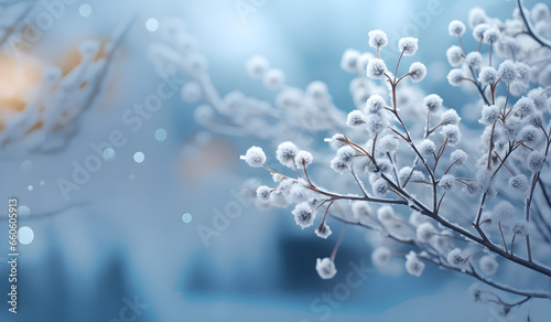 Snow-covered branches of tree, blue background
