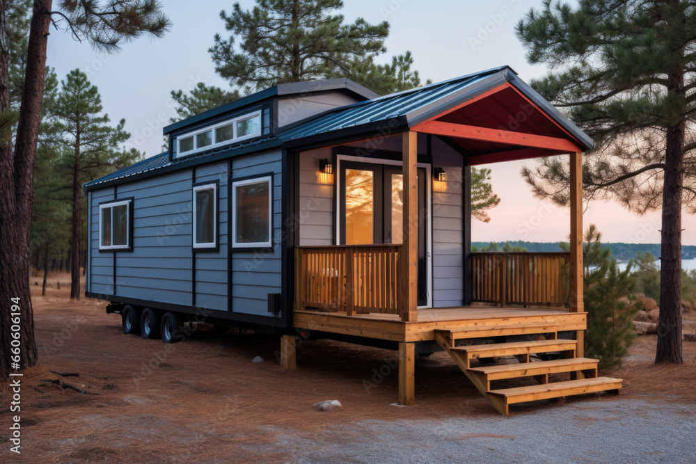 Vacation mobile houses on a campsite with trees around Vacation mobile houses on a campsite with trees around