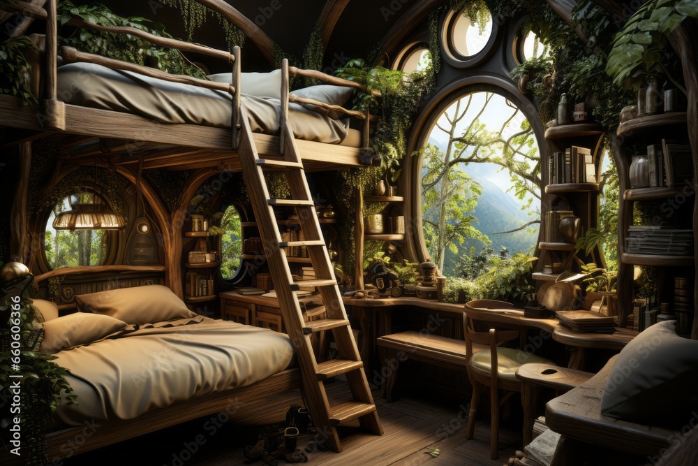 Obraz premium treehouse bedroom with a wooden bunk bed, rope ladder, and leafy canopy