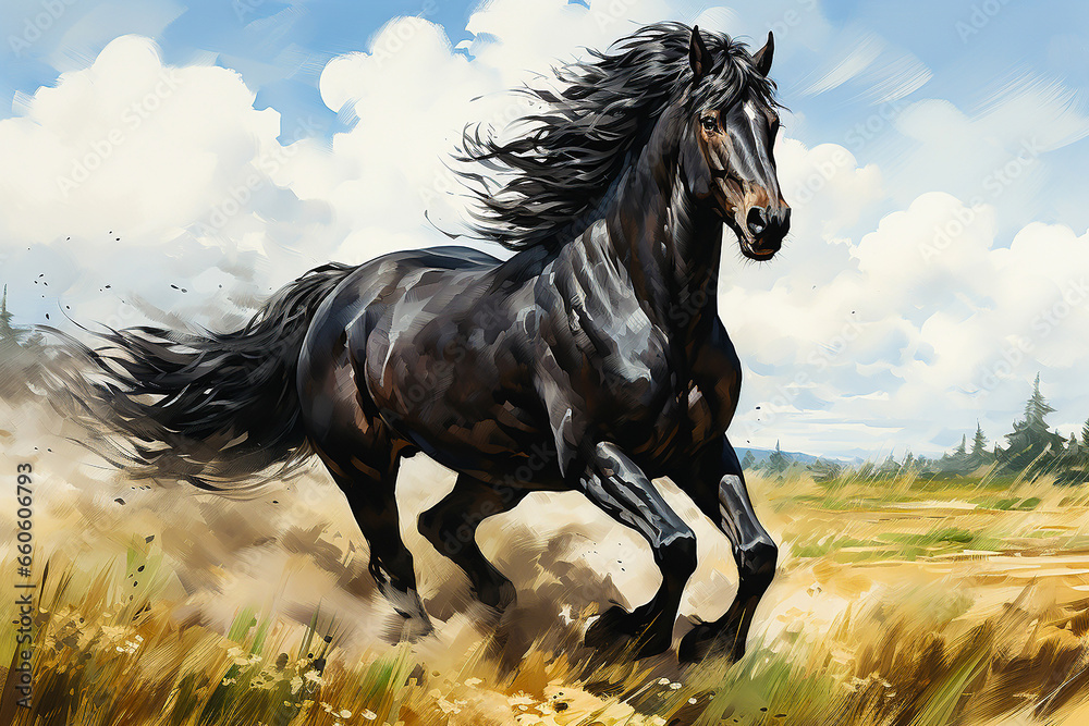 A black horse running in the meadow drawn with watercolor A black horse running in the meadow drawn with watercolor