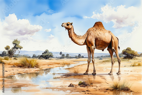 A camel walking in the desert drawn with watercolor © leo10