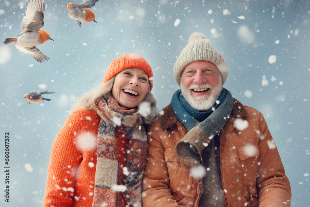 Portrait of a smiling senior couple wearing knitted hats and scarfs in snowfall with birds. Winter season concept