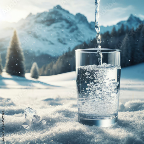 pure natural water from the mountains is poured from a bottle into a glass. ai generative