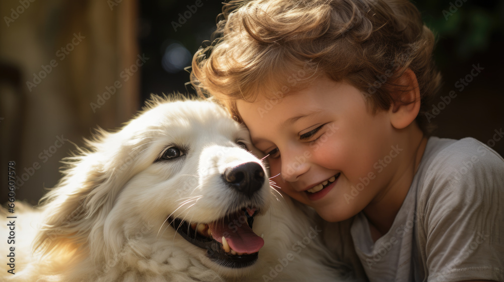 Happy smiling little child with his dog Happy smiling little child with his dog
