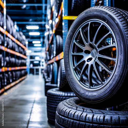 A close-up image of a black car tire in a workshop showcasing its pattern and grip © Hoody Baba