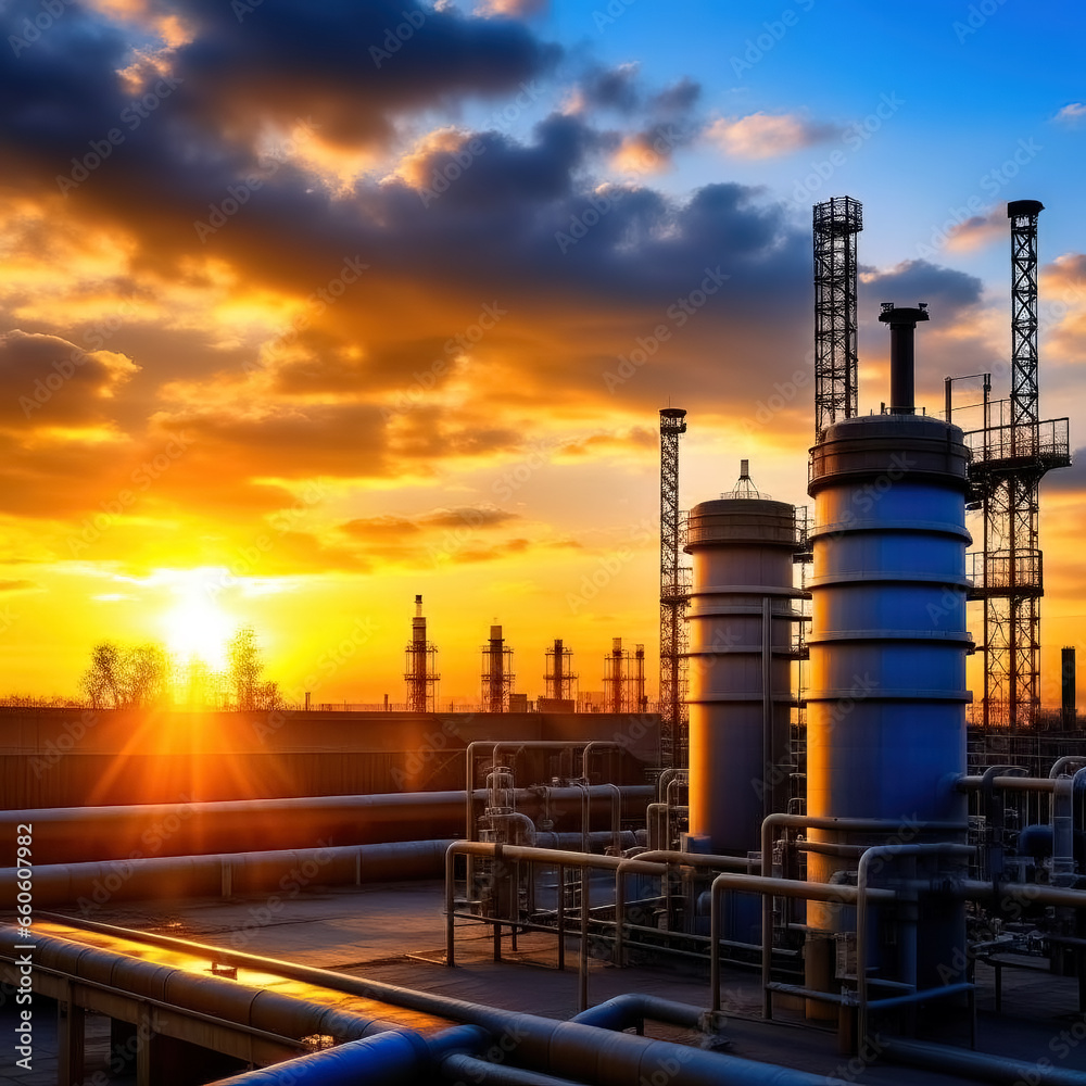 Gas turbine electrical power plant at sunrise Gas turbine electrical power plant at sunrise