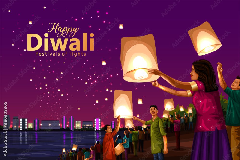 Φωτογραφία Indian festival of lights Happy Diwali with celebrating group of people, holiday Background, Diwali celebration greeting card, vector illustration design