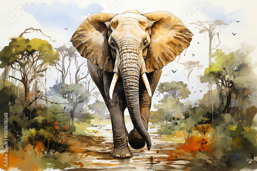 An elephant walking in the forest drawn with watercolor