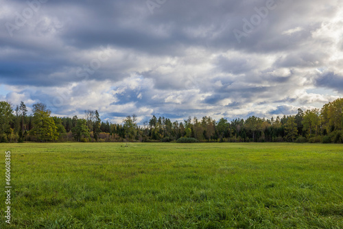 Beautiful landscape overlooking field with green grass on backdrop cloudy sky and autumn forest. Sweden.