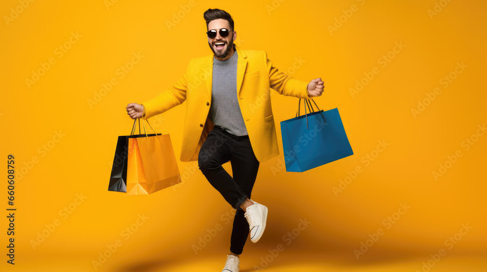 Happy smiling man holding shopping bags on yellow background - obrazy, fototapety, plakaty 