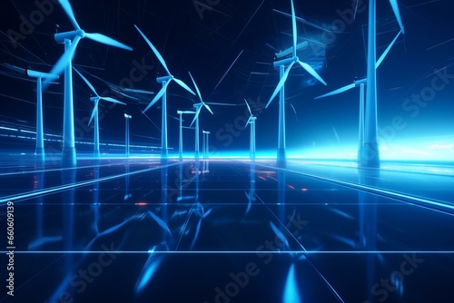 Eco-friendly industrial scene with luminous wind turbines against a dark backdrop. Futuristic ambiance with vibrant highlights and blue flooring. 3D rendering. Generative AI
