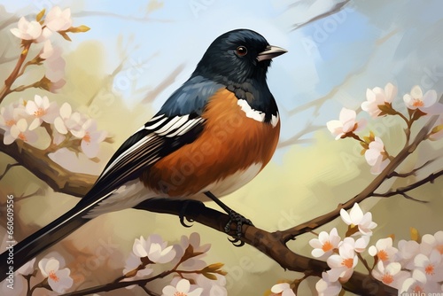 an adorable eastern towhee, illustration, made using technology. Generative AI photo