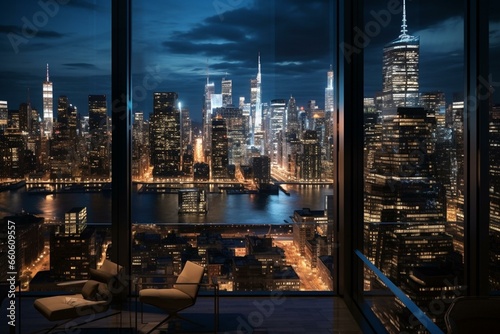 Nighttime view of Manhattan's skyscrapers from a high-rise interior at Hudson Yards. Expensive real estate in 3D rendering. Generative AI
