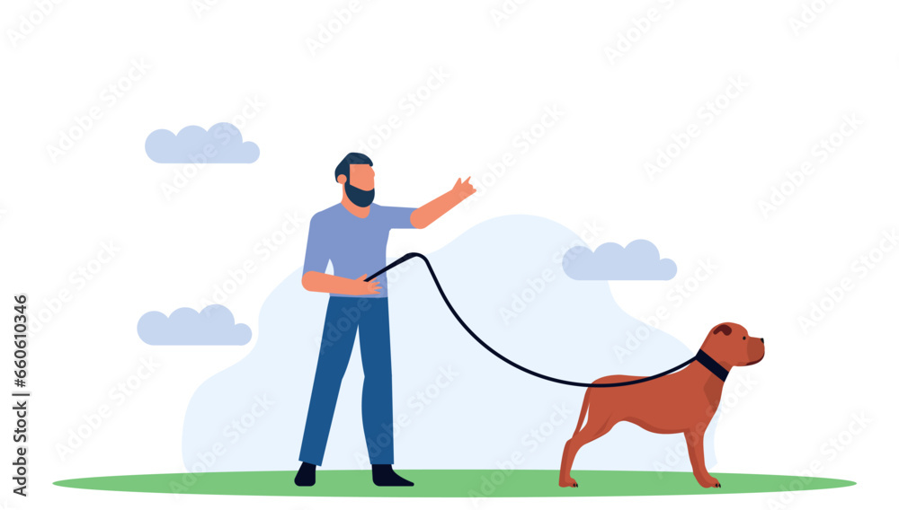Man walking in park with dog vector illustration. Outdoor cartoon activity with animal pet. Happy cute friend play in grass. Human relax leisure nature background. Friendship family concept