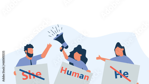 Gender neutral vector illustration person. He , she - human design symbol. Equality sex tolerance normal break. Unisex reveal norms character different. Identity right support background man and woman