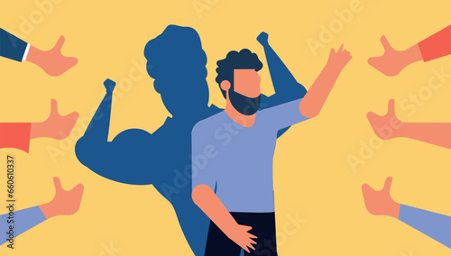 Public approval people person vector illustration concept. Hand accept acknowledgment gesture opinion. Respect character around thumb up feedback. Honor show favorite reputable. Agree choice proud