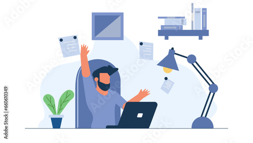 Telecommuting business job man concept vector illustration with laptop. Computer technology remote working from home. Online freelance network desk workplace with chair. Sitting telework distance