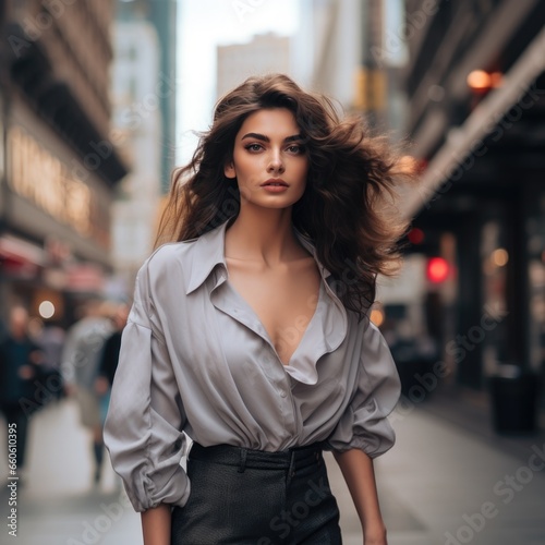photo of a beautiful Armenian supermodel, in stylish clothes against the backdrop of skyscrapers. Fashion and style concept.
