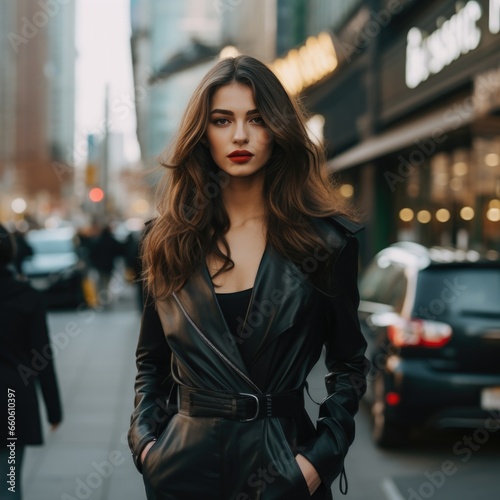 photo of a beautiful Armenian supermodel, in stylish clothes against the backdrop of skyscrapers. Fashion and style concept. © koplesya