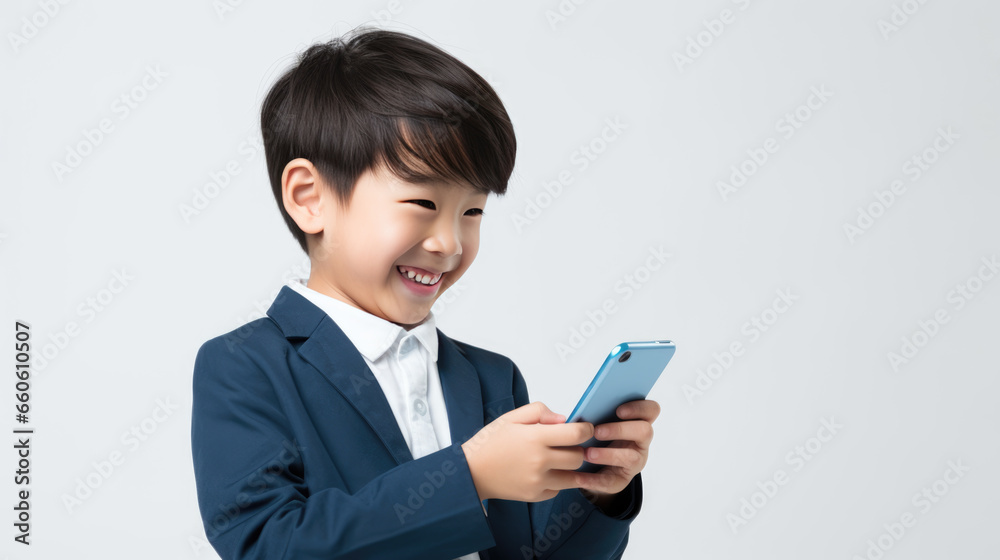 Little smiling boy with a cell phone on a colored background. Little smiling boy with a cell phone on a colored background.