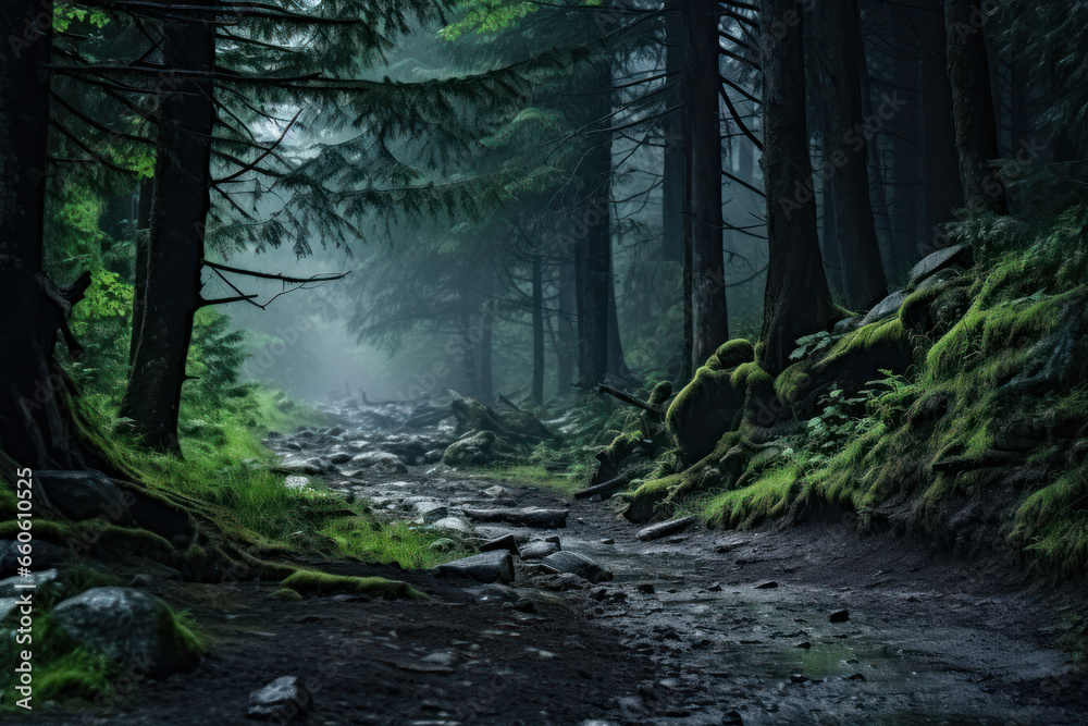 Mystical mysterious fog in the forest at sunset Mystical mysterious fog in the forest at sunset
