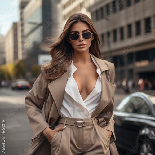 photo of a beautiful Armenian supermodel, in stylish clothes against the backdrop of skyscrapers. Fashion and style concept.