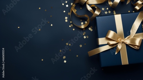 Elegant Dark Blue Gift Box with Gold Satin Ribbon: Top View for Holiday Gifting, Copy Space For Your Text