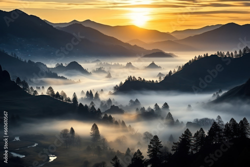 Mystical mysterious fog over the forest tops with a view of the mountains at dawn