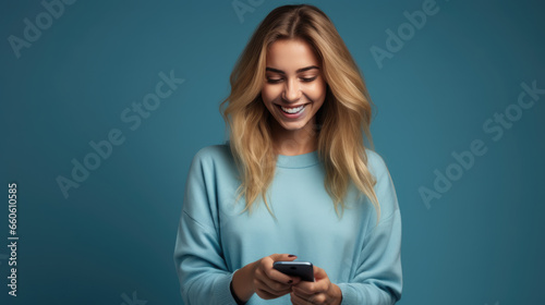 Happy smiling young woman is using her phone on a colored background.