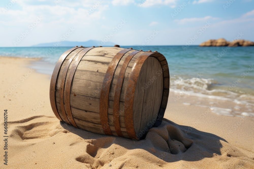 Fototapeta premium A wooden barrel sitting on top of a sandy beach. Perfect for adding a rustic touch to any beach-themed project or as a prop in a seaside photo shoot.
