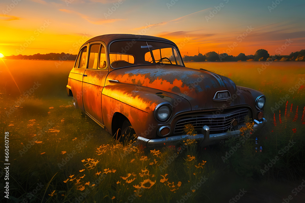 old car in the sunset