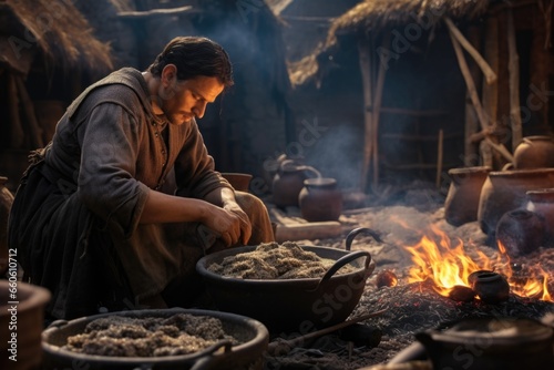 A man is seen cooking food on a fire inside a rustic hut. This image can be used to depict outdoor cooking, camping, survival skills, or traditional cooking methods.