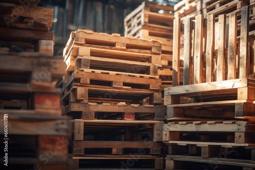 A pile of wooden pallets stacked on top of each other. This versatile image can be used to represent logistics  transportation  storage  shipping  or industrial concepts.