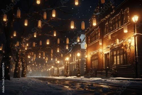 A picturesque snowy street at night illuminated by lanterns hanging from the trees. Perfect for winter-themed designs and holiday concepts.