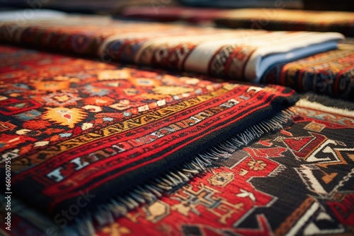 A pile of oriental rugs neatly arranged on a table. Perfect for adding warmth and style to any interior design. . photo