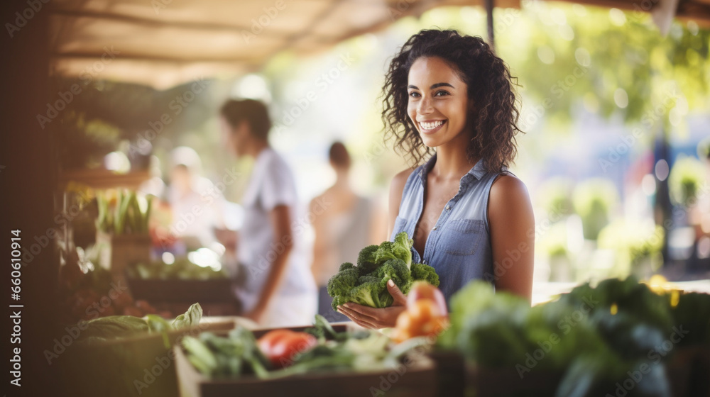 A serene healthy woman vegan shopping for organic produce at a local farmer's market, blurred background, with copy space