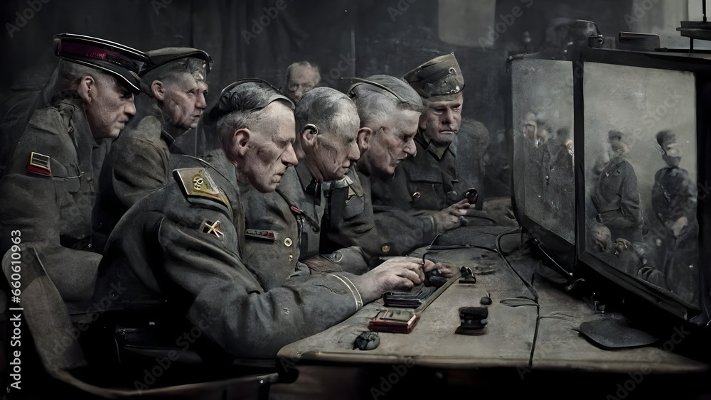 journalist took picture of generals from the german army high command staff in 1944 while they were playing on a videogame station connected to an old television post from the 30s They are having  - obrazy, fototapety, plakaty 