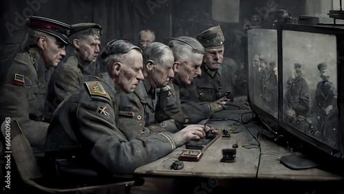 journalist took picture of generals from the german army high command staff in 1944 while they were playing on a videogame station connected to an old television post from the 30s They are having  photo