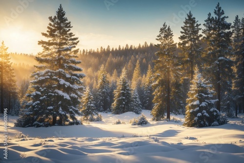 Winter Forest background. ai generative © Anna
