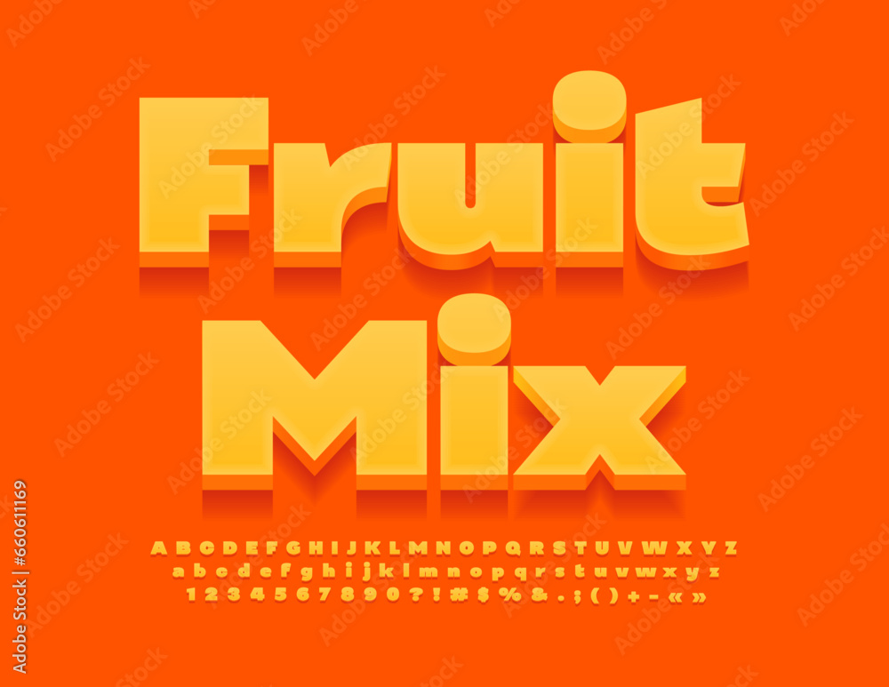 Vector creative template Fruit Mix. Modern Orange 3D Font. Artistic Alphabet Letters, Numbers and Symbols set