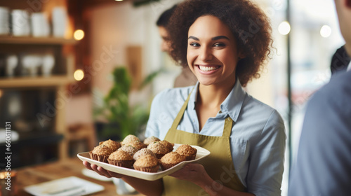 A confident and happy healthy woman vegan holding a tray of freshly baked vegan delights, blurred background, with copy space