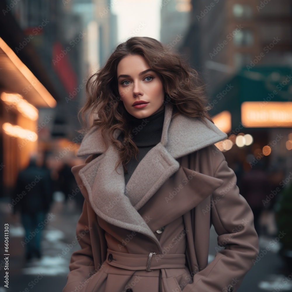 photo of a beautiful supermodel, in stylish winter clothes against the backdrop of skyscrapers. Fashion and style concept.