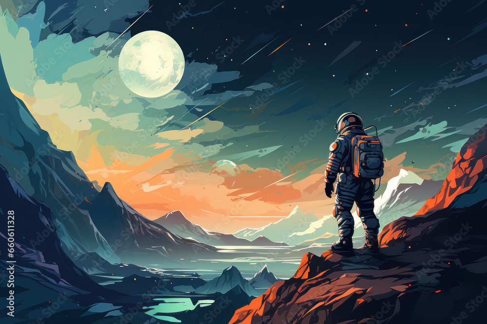 Astronaut in spacesuit standing on uninhabited planet, bright stars and galaxies and planets in the sky, illustration