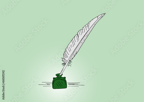 hand drawn green inkwell and dip pen. scribble dip and inkwell. inkwell and feather pen on white background