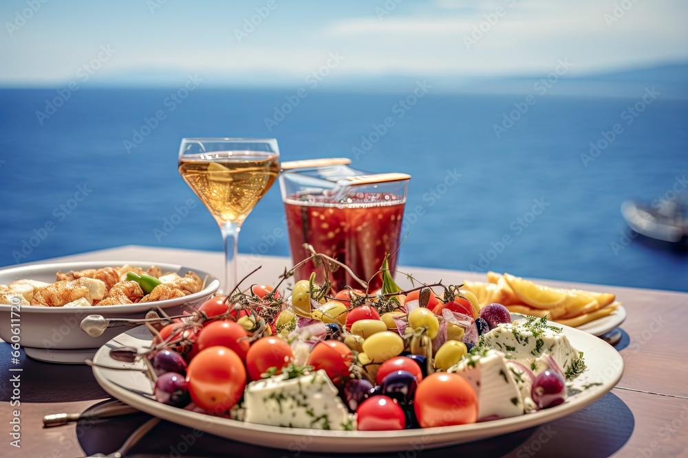 Naklejka premium Dinner of Greek cuisine against the backdrop of the sparkling blue Aegean Sea. Food photography