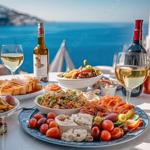 Dinner of Greek cuisine against the backdrop of the sparkling blue Aegean Sea. Food photography