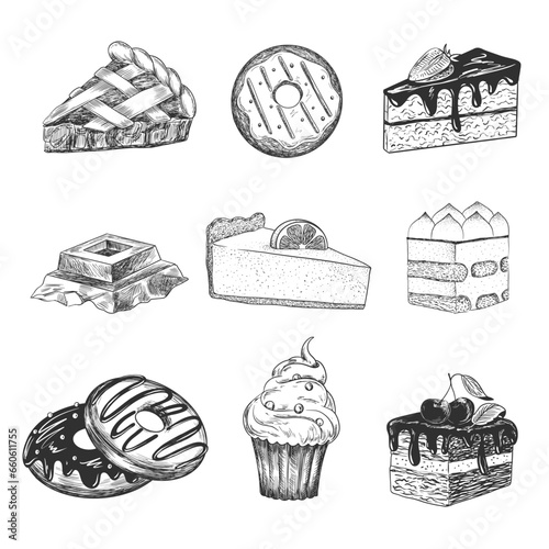 Set of desserts. Hand drawn cake, cheesecake, tiramisu, donuts, apple pie, cupcake, chocolate. Sketch style collection of sweets isolated in white background. Engraving style. Slices of cakes