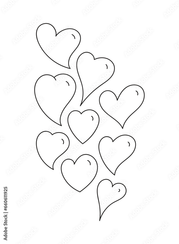hand drawn heart symbols on white background. outline hearts