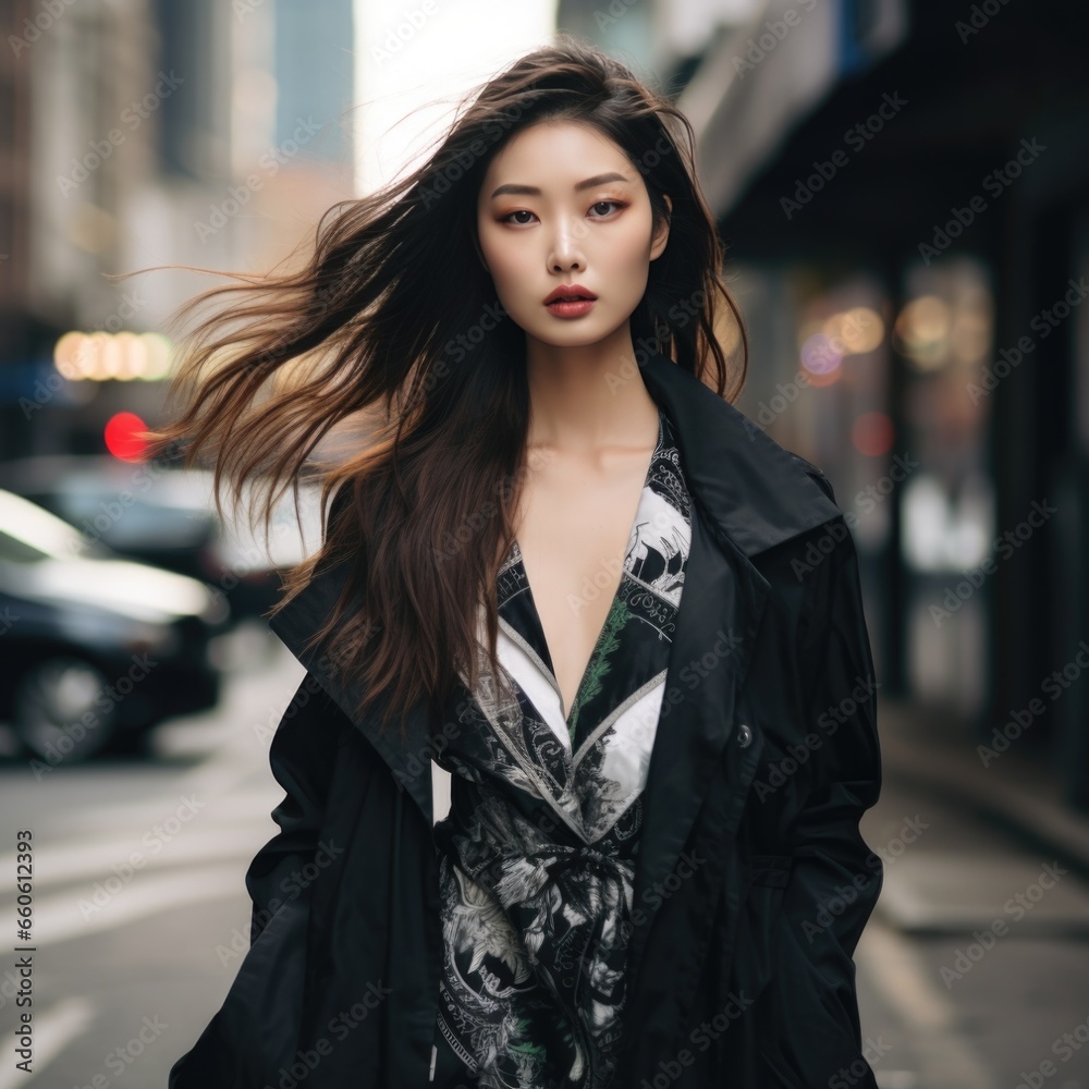 photo of a beautiful Asian supermodel, in stylish clothes against the backdrop of skyscrapers. Fashion and style concept. photo of a beautiful Asian supermodel, in stylish clothes against the backdrop of skyscrapers. Fashion and style concept.